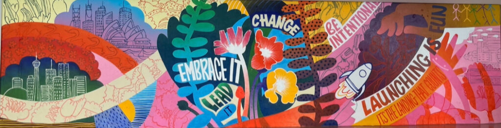 Mural featuring animations of flowers, plants, Index core values, and the cities of Sydney, Australia, and Toronto, Canada.