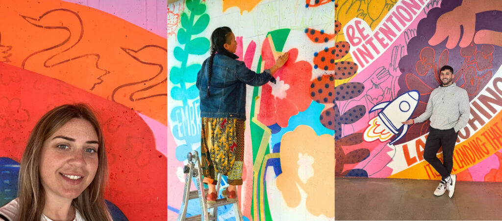 Index employee standing close to a mural (left), artist Risa Tochigi while painting (center), and an Index employee standing in front of the mural (right)