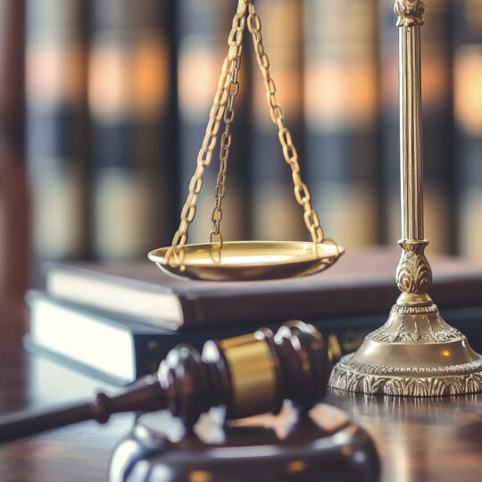 Gavel on a wooden table, placed in front of a brass scale.