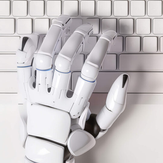 Robotic hand on the left with a human hand on the right placed over a white computer keyboard.