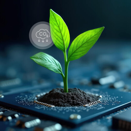 Riduzione della CO2 e pianta che cresce dalla tecnologia
