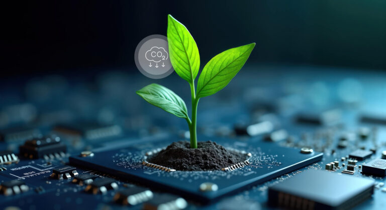 Riduzione della CO2 e pianta che cresce dalla tecnologia