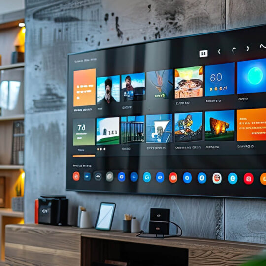 Smart TV displaying app options, mounted on a wall.