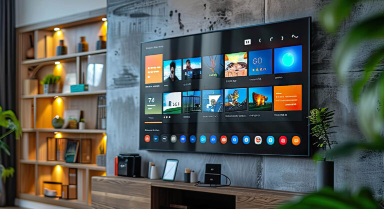 Smart TV displaying app options, mounted on a wall.