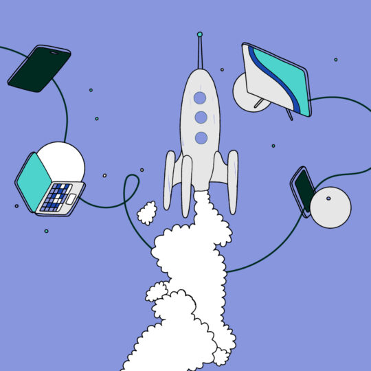 Illustration of a rocket ship taking off, surrounded by laptops and mobile phones.