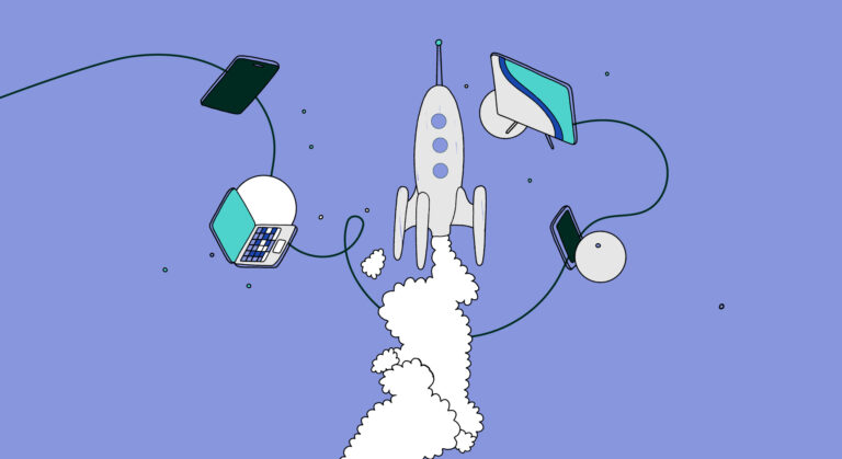 Illustration of a rocket ship taking off, surrounded by laptops and mobile phones.