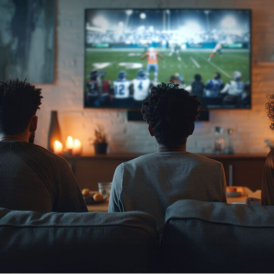 Three people sit in a living room on a couch, watching football on TV.