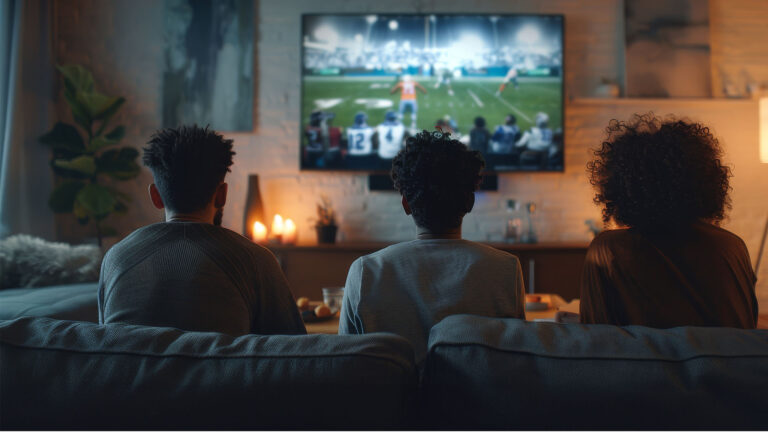 Three people sit in a living room on a couch, watching football on TV.