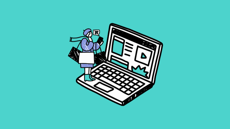 Graphic of a computer and a cartoon person on the computer