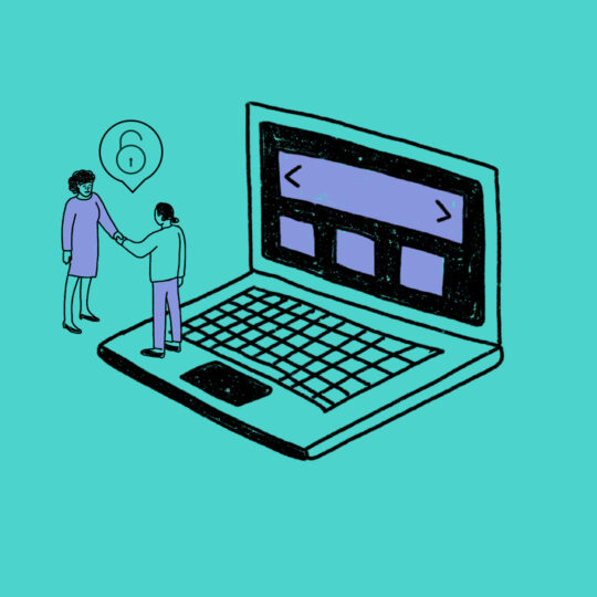 Drawing of people standing on a computer