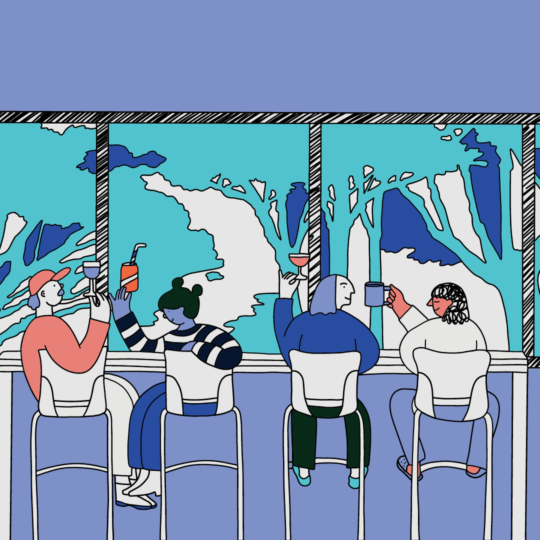 People sitting in front of a window with drinks.